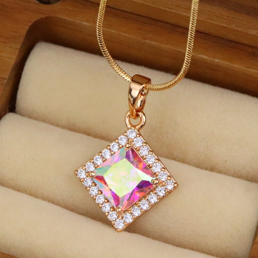 "Rose Gold Square Pendant with Iridescent Stone and Crystal Border, XPPT1526